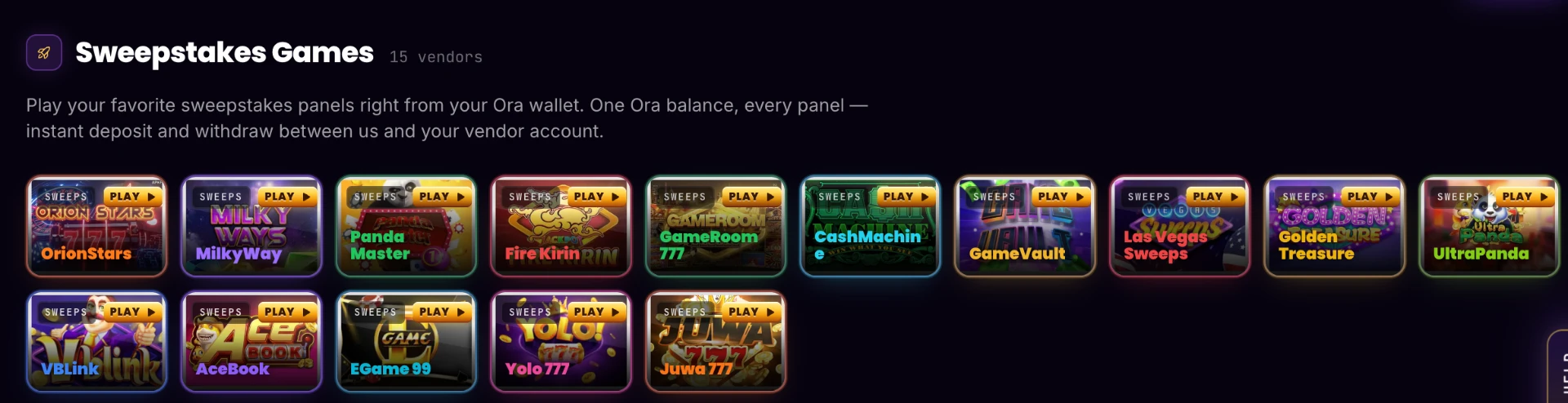 Sweepstakes game platforms available through Ora Games